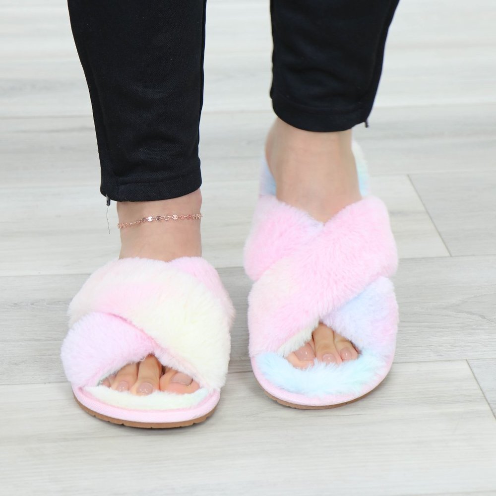 Tie Dye Fuzzy Plush Criss Cross Sandal Sliders - Picture 13 of 16